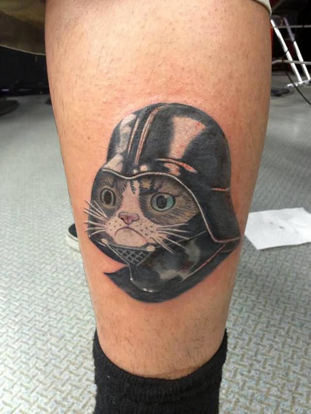 Black And Grey Grumpy Cat Wear Helmet Tattoo On Leg