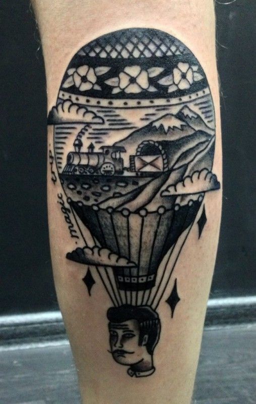 Black And Grey Hot Balloon Tattoo On Leg