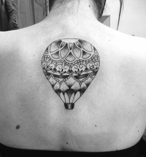 Black And Grey Hot Balloon Tattoo On Upper Back