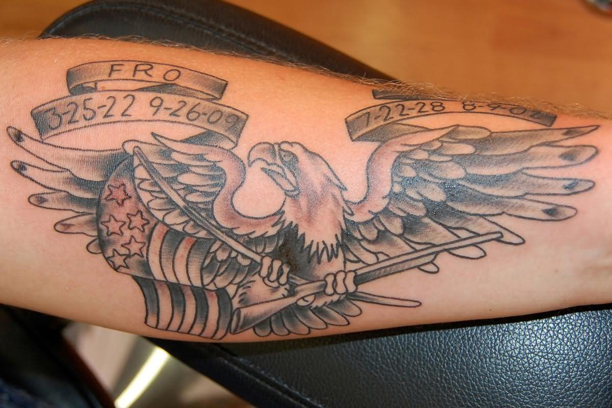 Black And Grey Memorial Eagle With USA Flag And Banner Tattoo Design For Sleeve