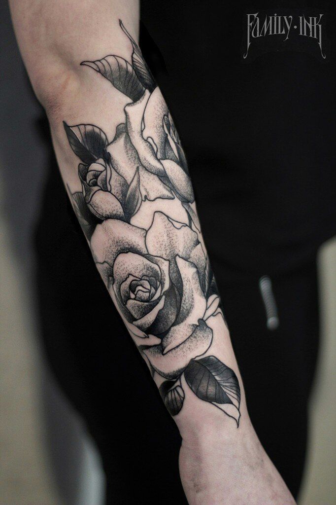 Black And Grey Roses Tattoo On Right Forearm By Family Ink