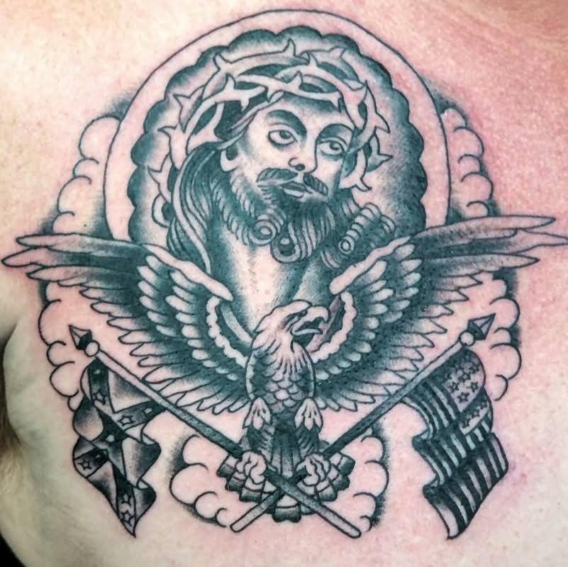 Black And Grey USA And Rebel Flag With Eagle And Jesus Face Tattoo Design