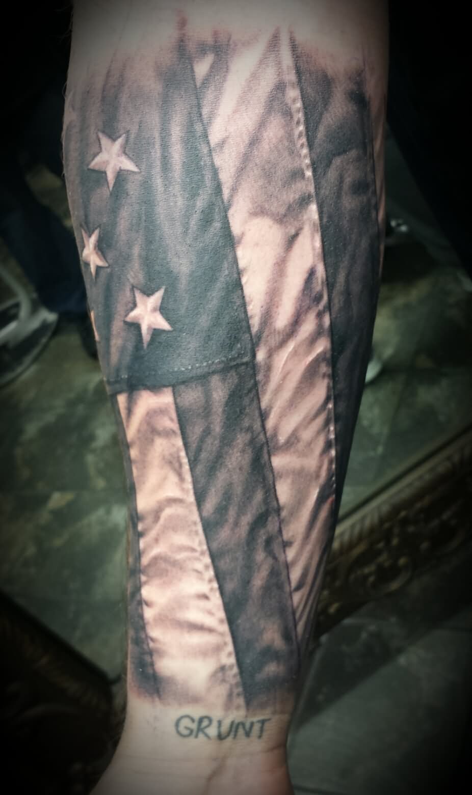 Black And Grey USA Flag Tattoo Design For Arm