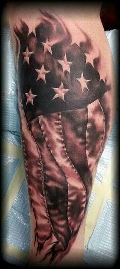 Black And Grey USA Flag Tattoo On Leg By David Johnson