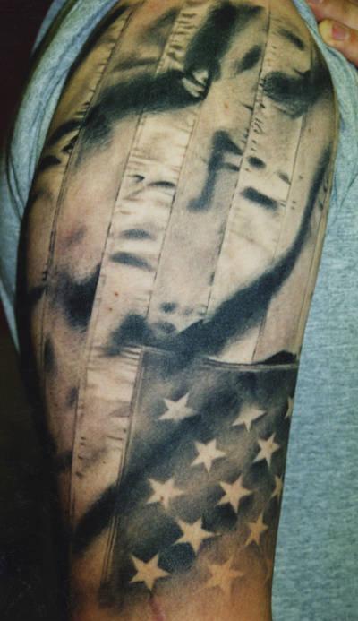 Black And Grey USA Flag Tattoo On Right Half Sleeve
