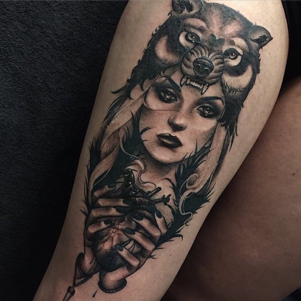 Black And Grey Wolf Girl Tattoo On Thigh by Brokenpuppet
