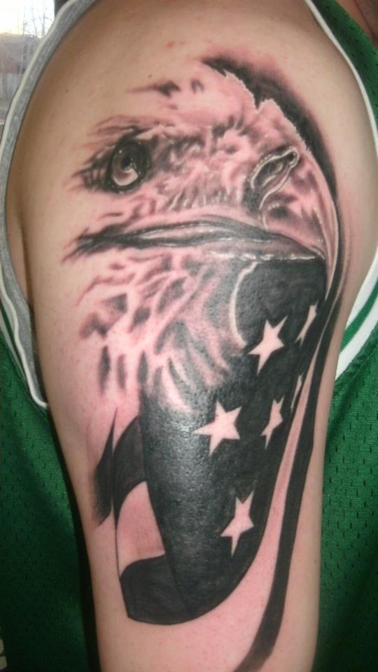 Black And White Flag With Eagle Head Tattoo Design For Half Sleeve
