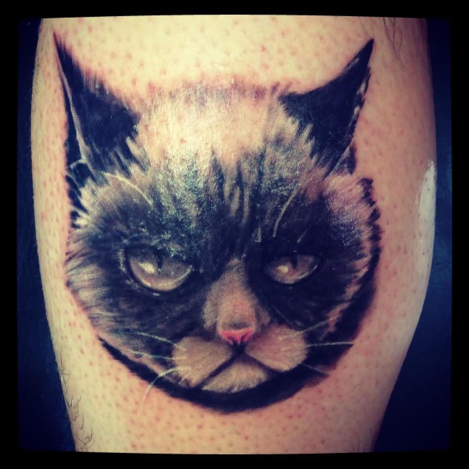 Black And White Grumpy Cat Head Tattoo