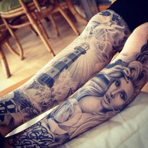 Black And White Lighthouse And Girl Face With Rose Tattoo On Both Leg Calf