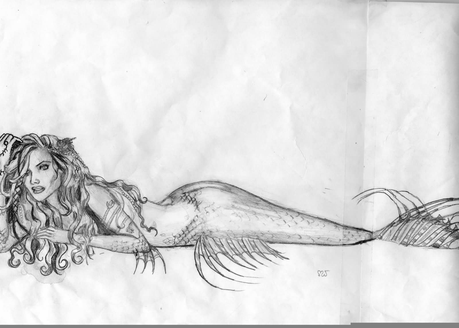 Black And White Mermaid Tattoo Design For Leg And Sleeve