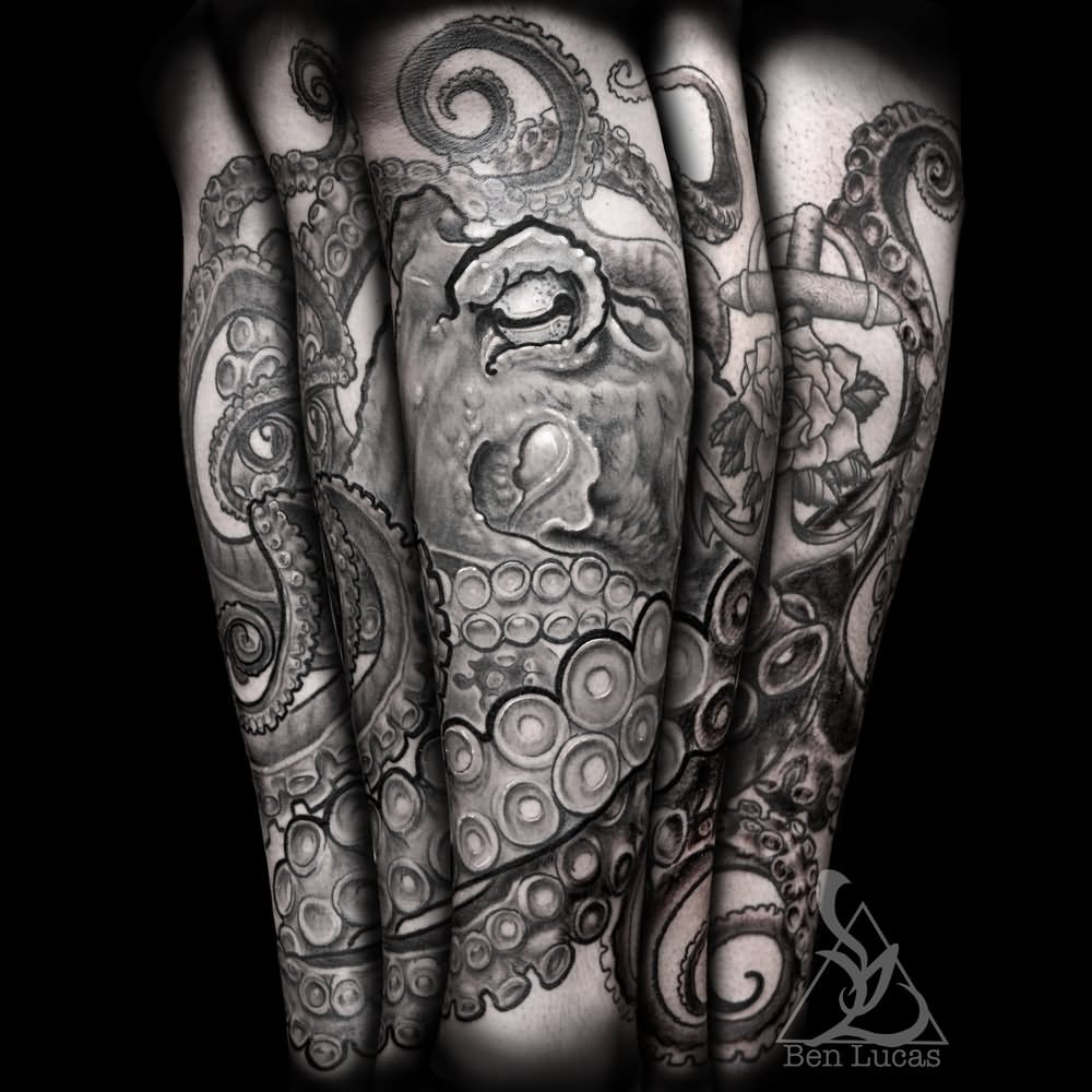 Black And White Octopus Tattoo Design For Leg And Sleeve By Ben Lucas