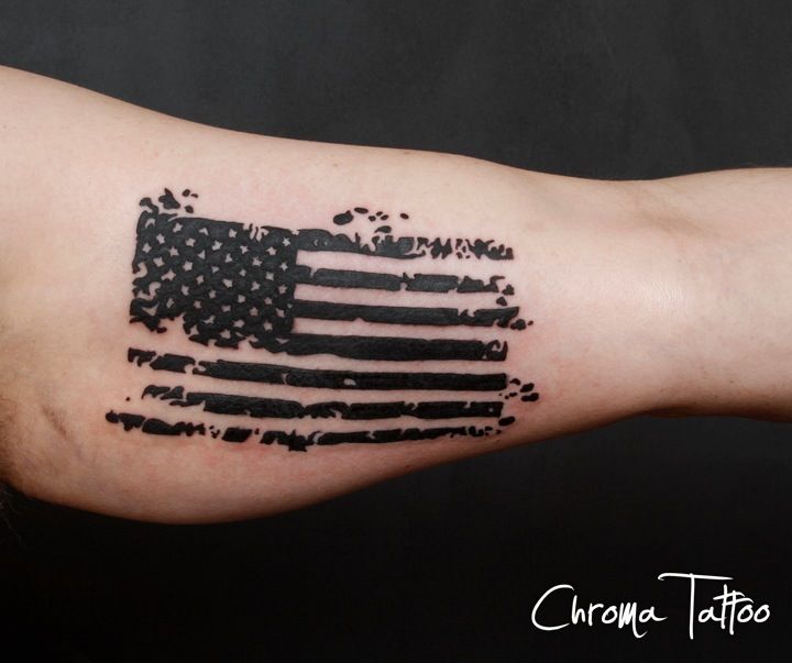 Black And White USA Flag Tattoo Design For Forearm