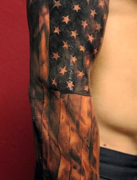 Black And White USA Flag Tattoo Design For Full Sleeve