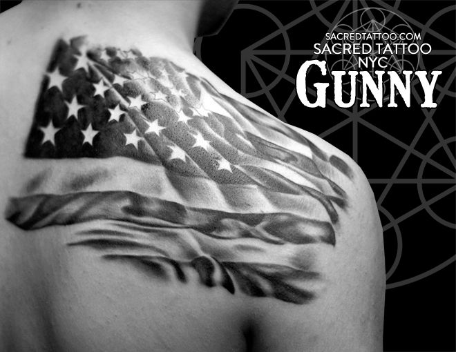Black And White USA Flag Tattoo On Man Right Back Shoulder