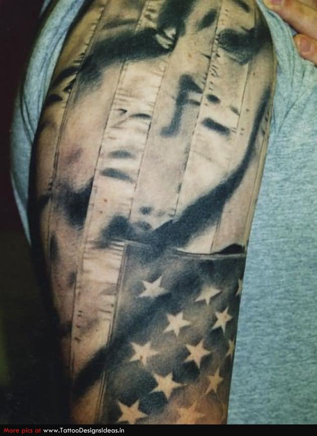 Black And White USA Flag Tattoo On Right Half Sleeve