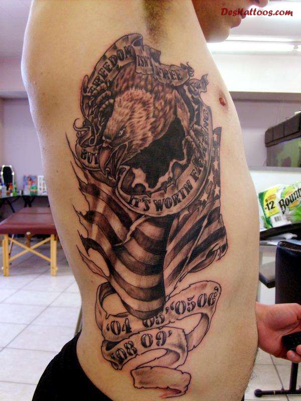 Black And White USA Flag With Eagle And Banner Tattoo On Man Right Side Rib