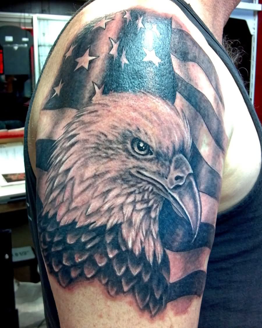 Black Ink Eagle Face With USA Flag Tattoo On Man Right Half Sleeve