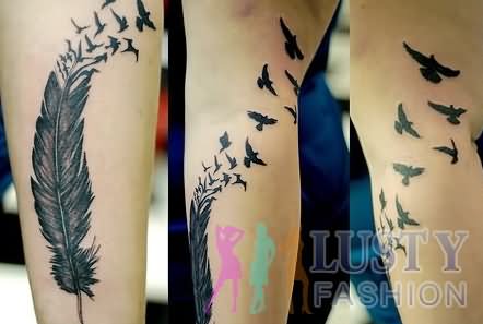 Black Ink Feather With Flying Birds Tattoo Design For Leg
