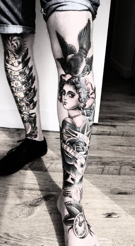 Black Ink Girl Face With Rose And Banner Tattoo On Full Leg