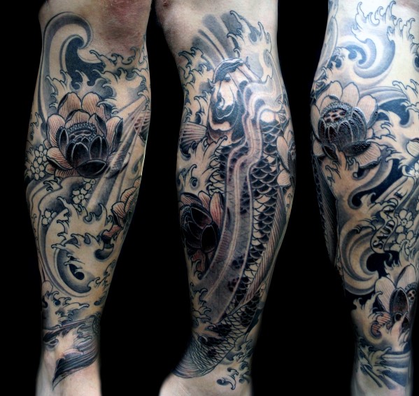 Black Ink Koi Fish With Flowers Tattoo Design For Leg Calf
