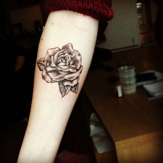 Black Ink Rose Tattoo On Forearm