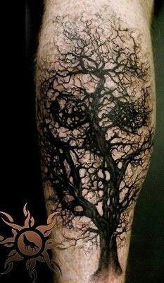 Black Ink Tree Skull Tattoo Design For Leg Calf