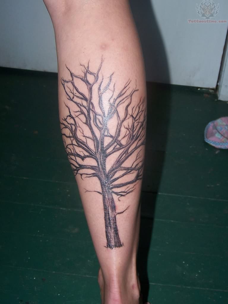 Black Ink Tree Without Leaves Tattoo On Leg Calf