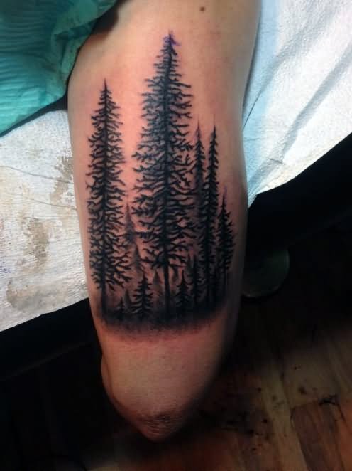Black Ink Trees Tattoo Design For Upper Leg