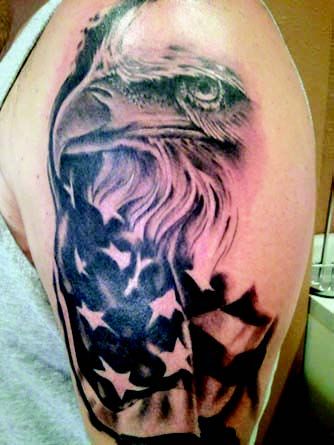 Black Ink USA Flag With Eagle Tattoo Design For Shoulder