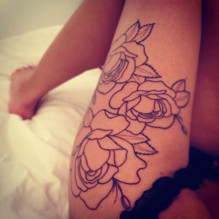 Black Outline Flowers Tattoo On Left Upper Leg
