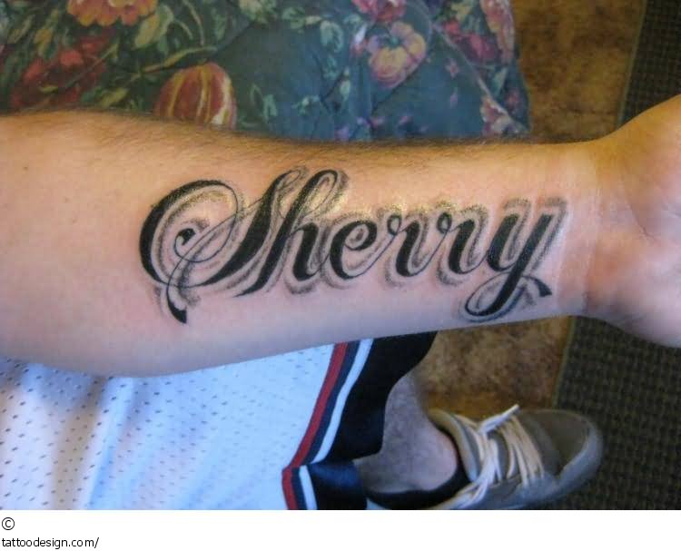 Black Sherry Name Tattoo On Left Forearm