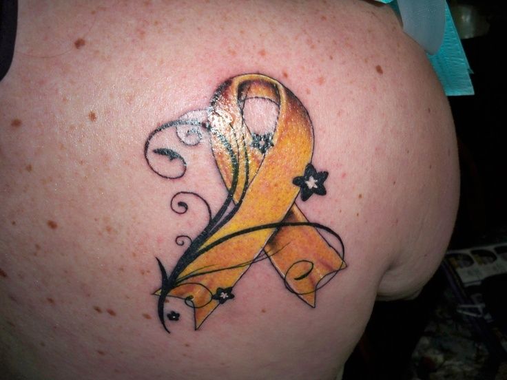Black Stars And Yellow Ribbon Tattoo On Back Shoulder
