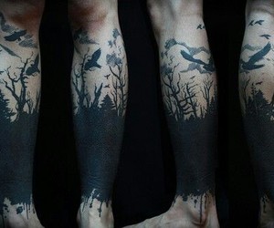 Black Trees With Flying Birds Tattoo Design For Leg
