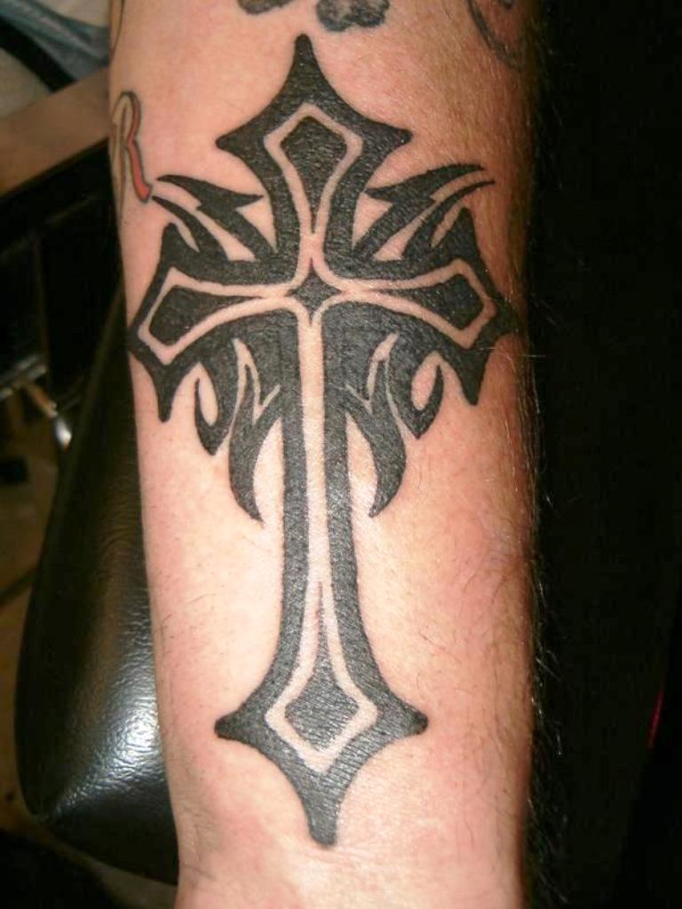 Black Tribal Cross Tattoo Design For Forearm