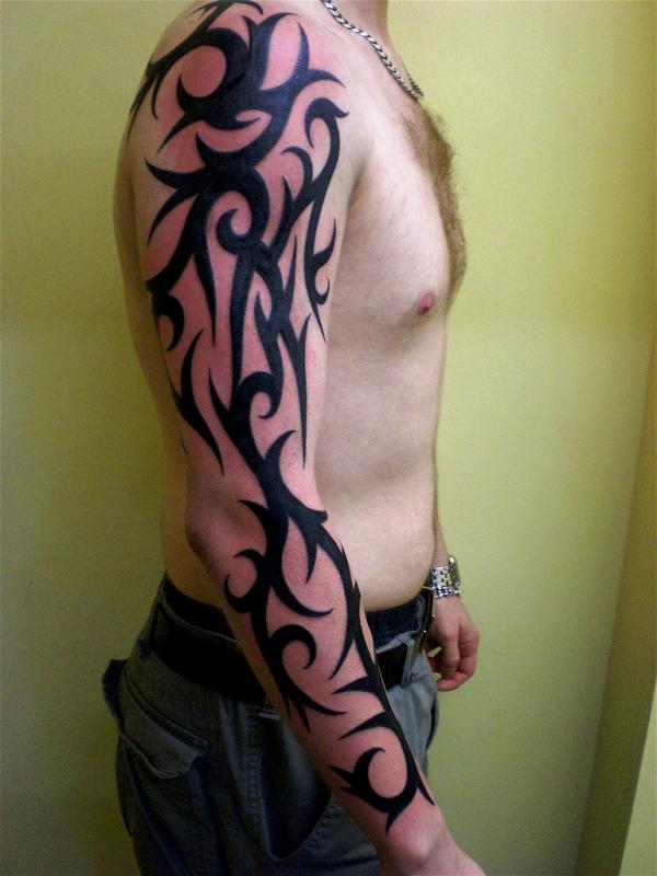 Black Tribal Design Tattoo On Man Right Full Arm