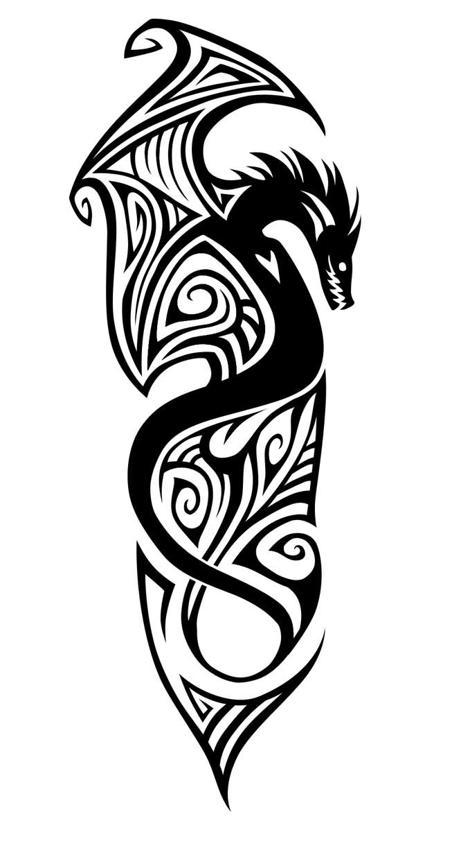 Black Tribal Dragon Tattoo Design For Forearm By MyraMidnight