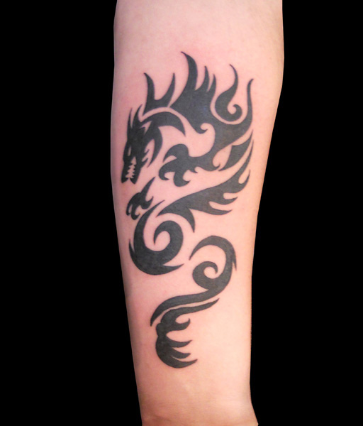 Black Tribal Dragon Tattoo On Forearm