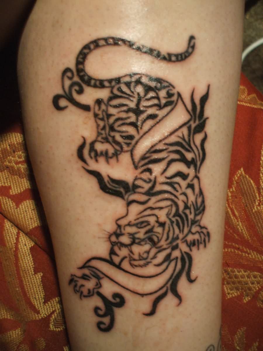 Black Tribal Tiger With Ribbon Tattoo Design For Forearm