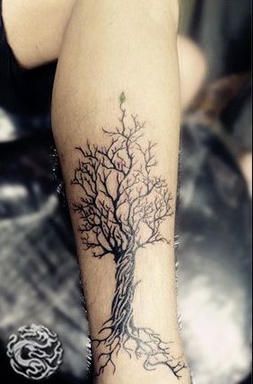 Black Tribal Tree Tattoo Design For Leg