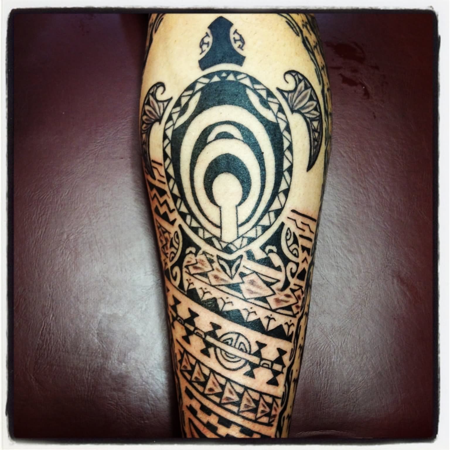 Black Tribal Turtle Tattoo Design For Leg