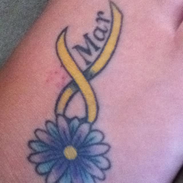 Blue Flower And Yellow Ribbon Tattoo