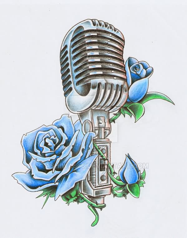 Blue Rose Flower And Microphone Tattoo Design