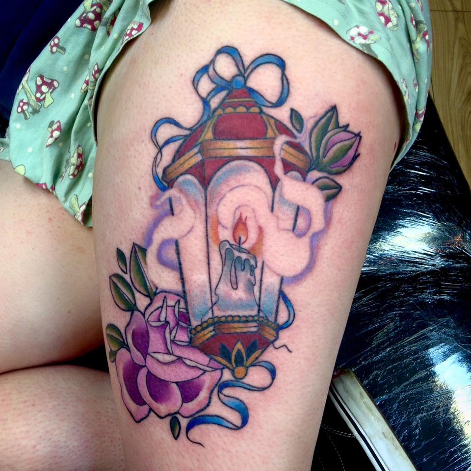 Candle Lamp Tattoo Thigh by Holly