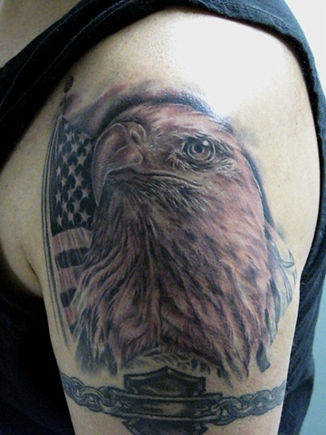 Classic Black And Grey Eagle Head With USA Flag Tattoo On Shoulder