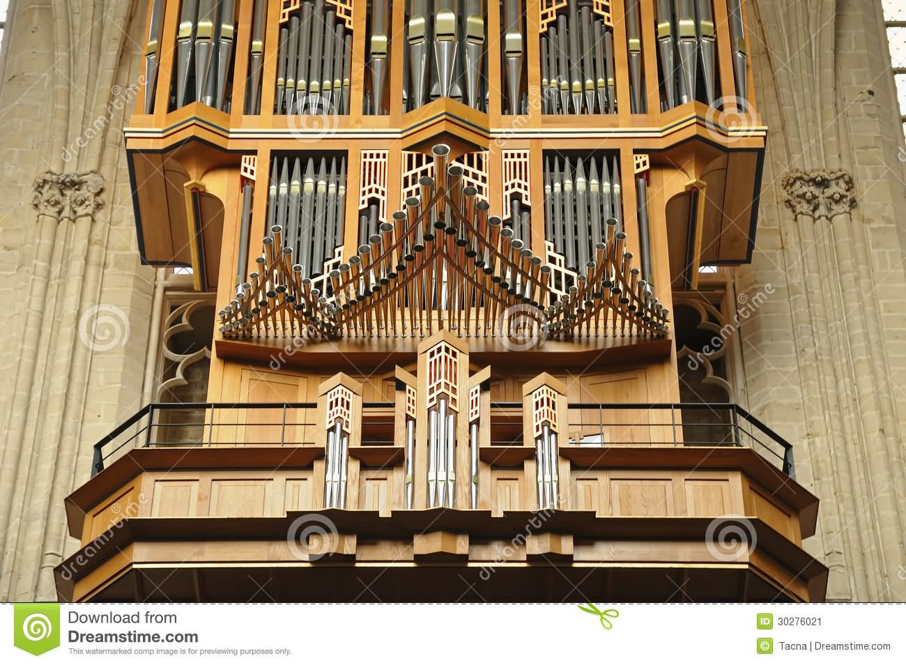 Closeup Of Pipe Organ Inside The Cathedral of St. Michael and St. Gudula