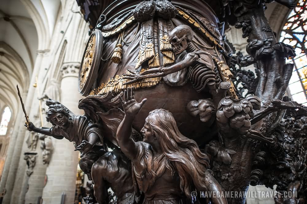 Closeup Of The Wooden Pulpit Inside The Cathedral of St. Michael and St. Gudula