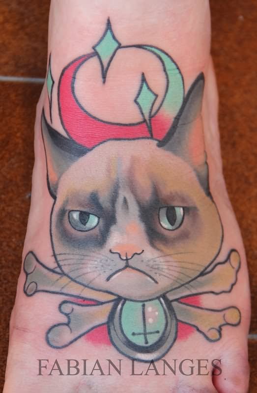 Colored Grumpy Cat Tattoo On Left Foot