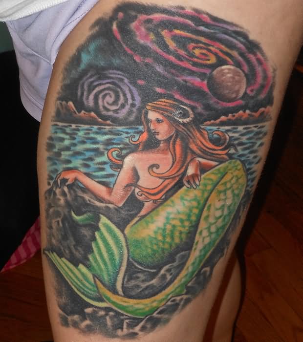 Colored Mermaid Tattoo On Left Thigh