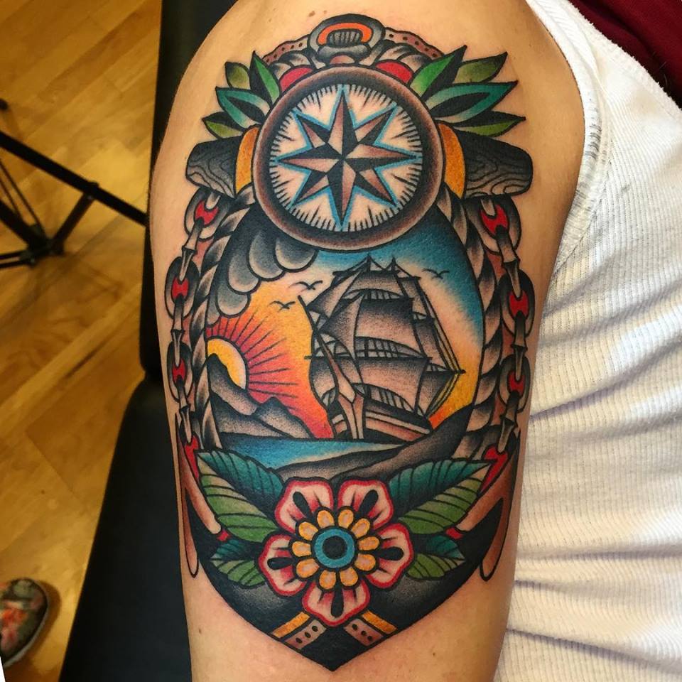 Colored Traditional Tattoo On Right Half Sleeve by Samuele Briganti