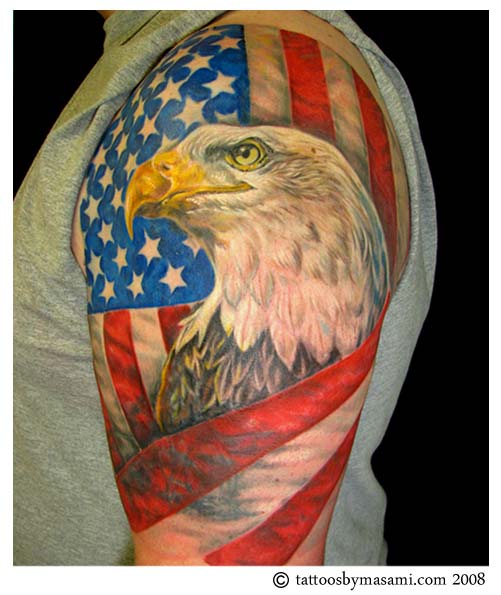Colorful Eagle Face With USA Flag Tattoo Design For Half Sleeve